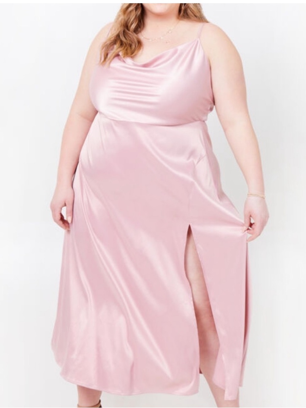 Plus Size Pink Satin Cowl Neck Slip Dress
